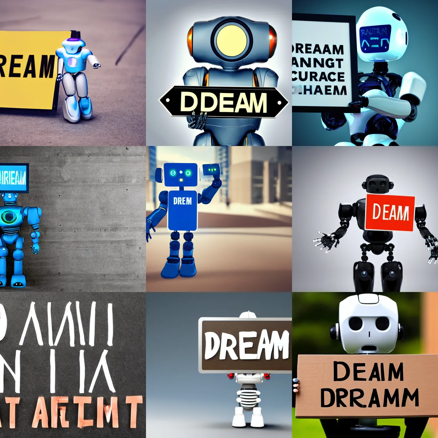 Image similar to artificial intelligence robot holding a sign with text that reads : dream