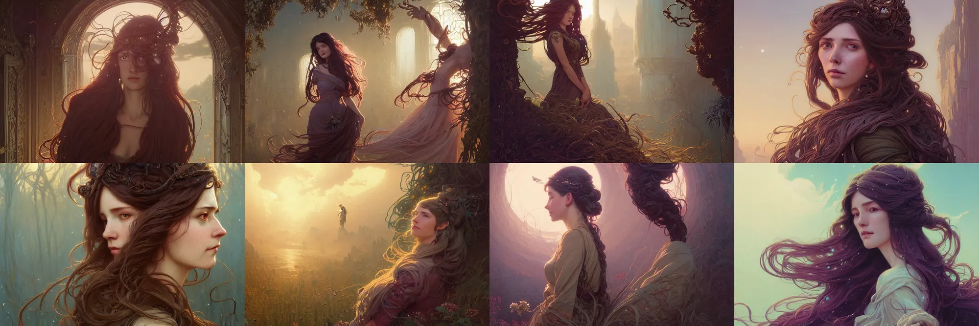 Image similar to highly detailed portrait of a woman with long hairs, stephen bliss, unreal engine, fantasy art by greg rutkowski, art nouveau, loish, rhads, ferdinand knab, makoto shinkai and lois van baarle, ilya kuvshinov, rossdraws, tom bagshaw, alphonse mucha, global illumination, radiant light, detailed and intricate environment