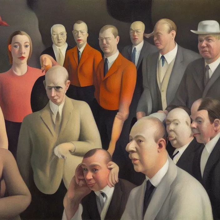 Image similar to group of people pictured in afternoon light, close - up of the faces, anatomically and proportionally correct : : surrealist oil painting by edward hopper, georg grosz, francis bacon and rene magritte, detailed