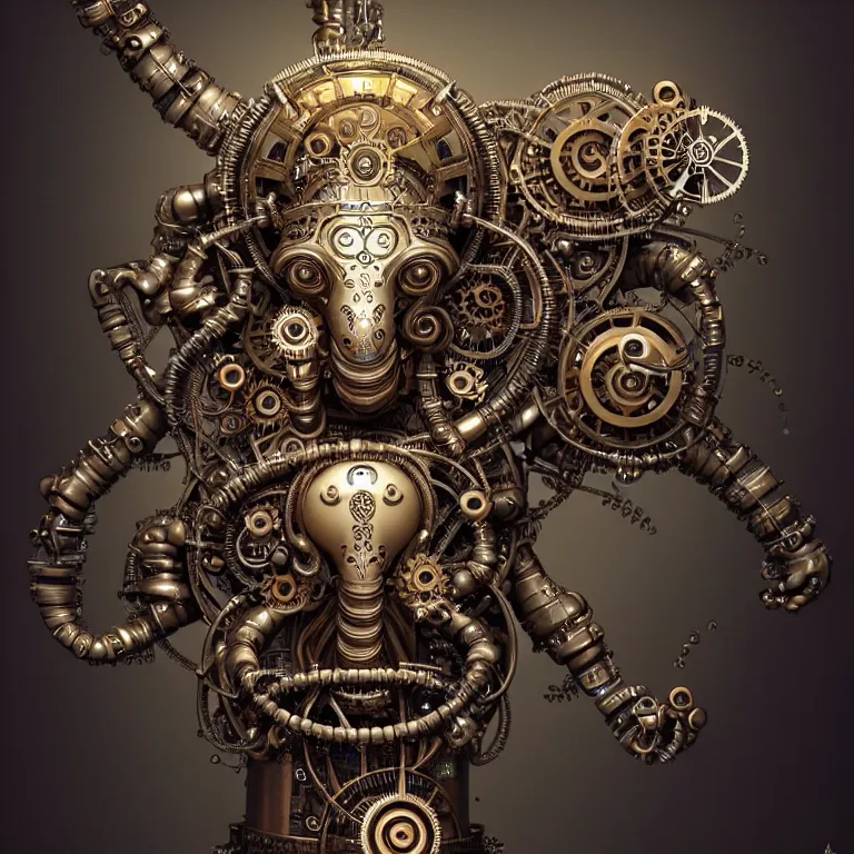 Image similar to steampunk cybernetic biomechanical ganesh, front facing, symmetric, 3 d model, very coherent symmetrical artwork, unreal engine realistic render, 8 k, micro detail, intricate, elegant, highly detailed, centered, digital painting, artstation, smooth, sharp focus, illustration, artgerm, tomasz alen kopera, wlop