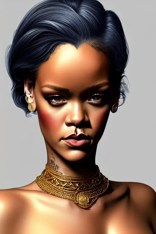 Prompt: portrait of Rihanna , highly detailed and rendered gold jewelry, digital art, intricate, sharp focus, Trending on Artstation, HQ, unreal engine 5, 4K UHD image, by brom, artgerm, face by Otto Schmidt