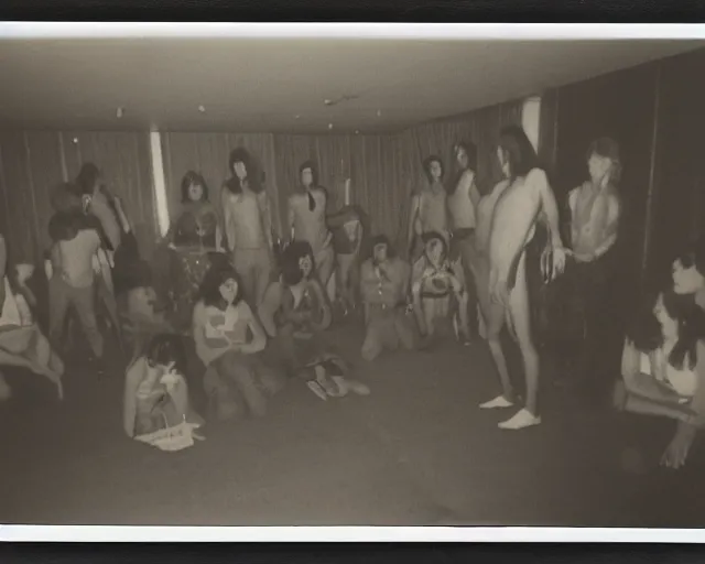 Prompt: gritty polaroid photo of a secretive cult meeting circa 1 9 7 8, archive image, scanned