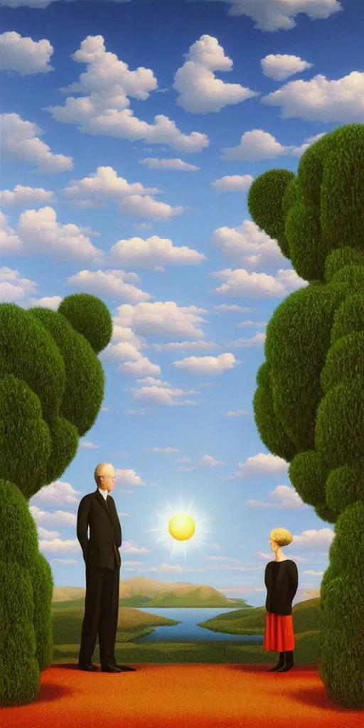 Image similar to symmetry!! they looked at each other, surreal landscape, serene, peace, very detailed, perfect composition, perfect lighting, 4 k, rene magritte, tim white, artgerm