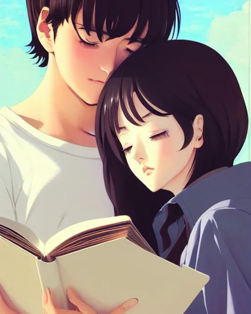 Prompt: cute girl reading book with her boyfriend, shy emotion. | very very anime!!!, fine - face, audrey plaza, realistic shaded perfect face, fine details. anime. very strong realistic shaded lighting poster by ilya kuvshinov katsuhiro otomo ghost, magali villeneuve, artgerm, jeremy lipkin and michael garmash and rob rey