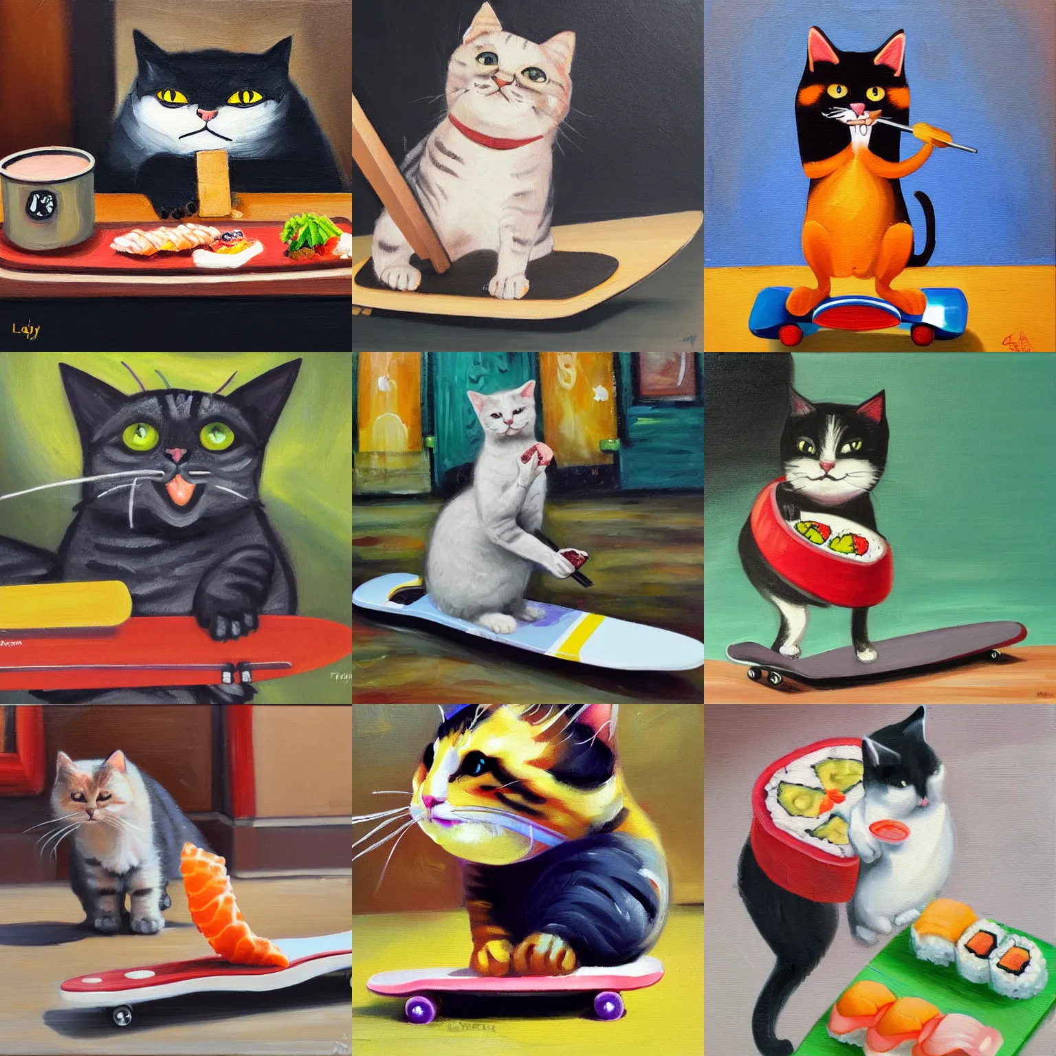 Prompt: happy cat standing on a skateboard while eating sushi, in legnica, oil painting