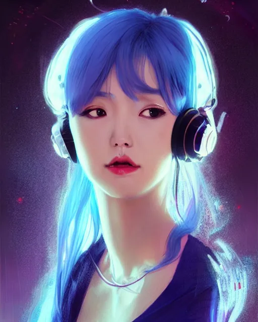 Image similar to stunningly beautiful female dj, blue hair, cute korean actress, dj sura, laser lights, sharp focus, digital painting, 8 k, concept art, art by wlop, artgerm, greg rutkowski and alphonse mucha