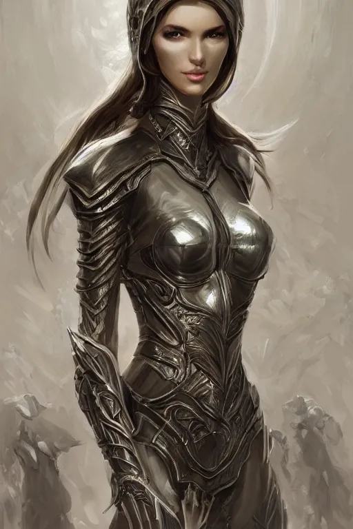 Image similar to three-quarters portrait pose of a beautiful woman, slim body, shining armor, elf warrior, fantasy, intricate, elegant, highly detailed, digital painting, artstation, concept art, matte, sharp focus,D&D, illustration, art by Artgerm and Peter Andrew Jones