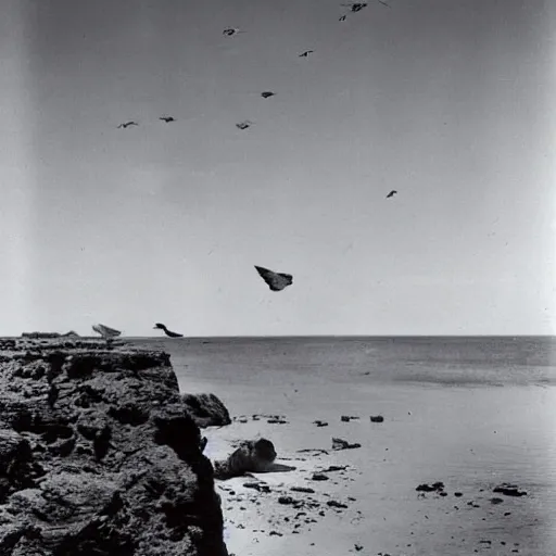 Prompt: A coast with sand and small rocks with a blue sky and a troubled sea and an old sailing ship on the horizon and in the sky is a flock of birds flying southwards, black and white photography 1930