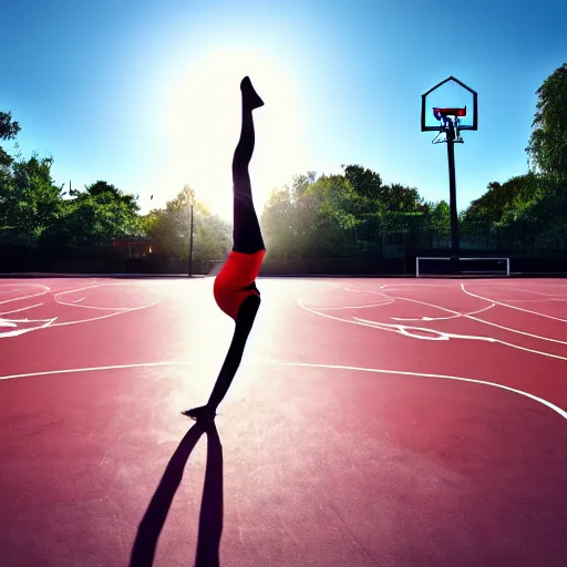 Prompt: a girl doing a handstand on the school basketball court, digital art, lens flare