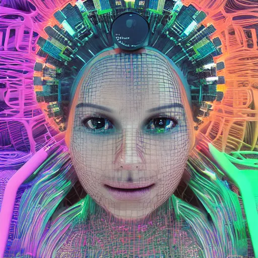 Prompt: deeper into the metaverse we go, piles of modular synth cables, puerto rican goddess swimming up wearing a headpiece made of circuit boards, by cameron gray, wlop, stanley kubrick, masamune, hideki anno, jamie hewlett, unique perspective, trending on artstation, 3 d render, vivid pastel colors