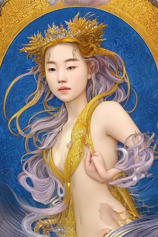 Image similar to a beautiful young woman, Queen of the Sea Mu Yanling, long flowing white hair, blue and yellow robe that resembles floating wings, water flowing and floating around, young female face, liquid magic, cinematic top lighting, insanely detailed and intricate, face by Artgerm, design by Alphonse Mucha, Kuvshinov Ilya, Irakli Nadar, render by krenz cushart, golden ratio, symmetrical proportions, elegant, ornate, luxury, elite, matte painting, MTG, magic the gathering, trending on artstation, cinematic, cgsociety, 8k, high resolution,