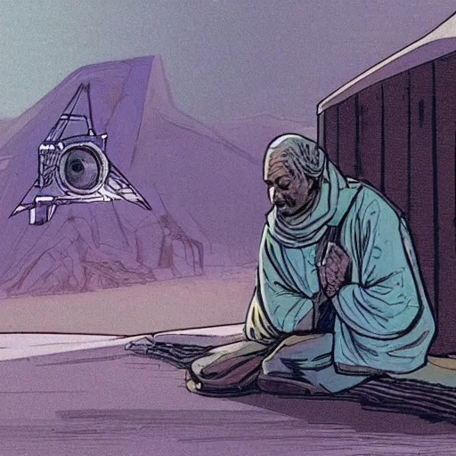 Image similar to Beggar priest in busy spaceport on luna 5 colony. Concept art by James Gurney and Mœbius.