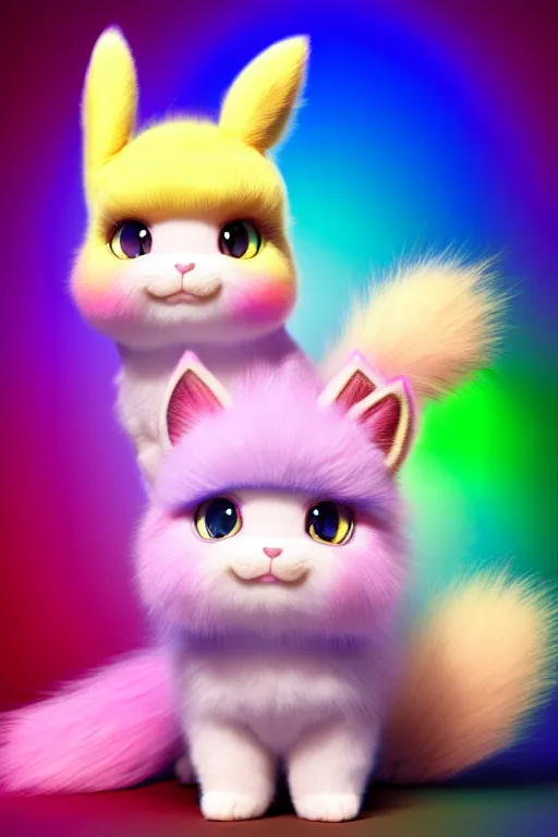 Image similar to high quality 3 d render hyperrealist very cute multicolor stripped fluffy! unicorn kitty, kittycorn, rainbow, hybrid highly detailed, vray smooth, in the style of detective pikachu, hannah yata charlie immer, dramatic pink light, low angle, uhd 8 k, sharp focus