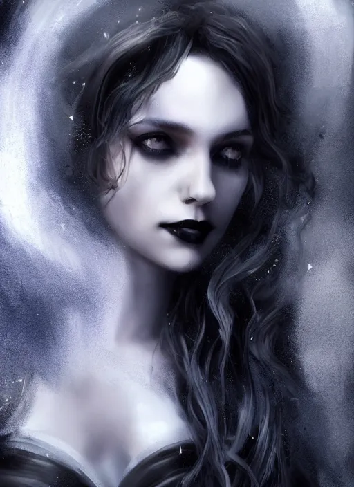 Image similar to 4k HD digital full body portrait, A gothic Luna goddess with long wavy hair made of shimmering-stardust, dark shadows, contrast, concept art, sharp focus, digital art, Hyper-realistic, 4K, Unreal Engine, Highly Detailed, Dramatic Lighting, Beautiful, by bastien lecouffe-deharme