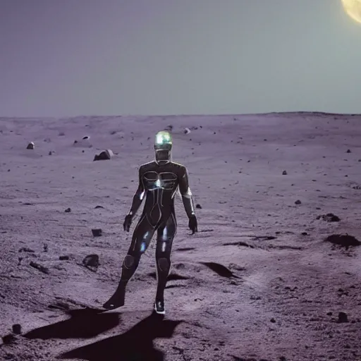 Image similar to keanu reeves at the age of 3 4 wearing a tron legacy suit, in the surface of the moon behind you can see the milky way