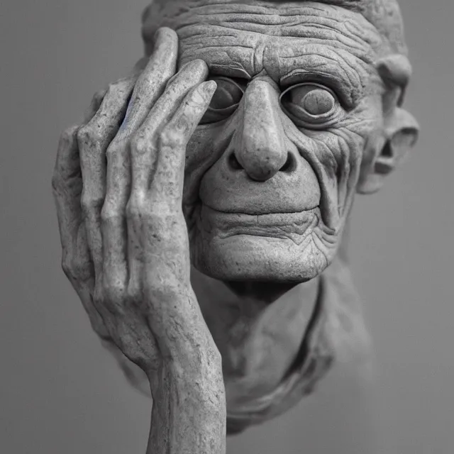 Image similar to photography of a sculpture of Samuel Beckett made of clay by Sebastian Kruger and Michelangelo, 50mm, studio atmosphere, 8K, rim light, octane render, ultra-realistic