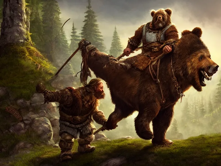 Image similar to Drunk Dwarf Woodsman riding Bear Companion into a Tavern, RPG Portrait Full Body, Oil Painting, Trending on Artstation, octane render, Insanely Detailed, 8k, HD