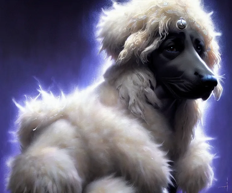 Prompt: beautiful fantasy character portrait of a maremma dog wearing a black hoodie, extra fluffy fur, ultra realistic, dramatic lighting, the fifth element artifacts, highly detailed by peter mohrbacher, hajime sorayama, wayne barlowe, boris vallejo, aaron horkey, gaston bussiere, craig mullins