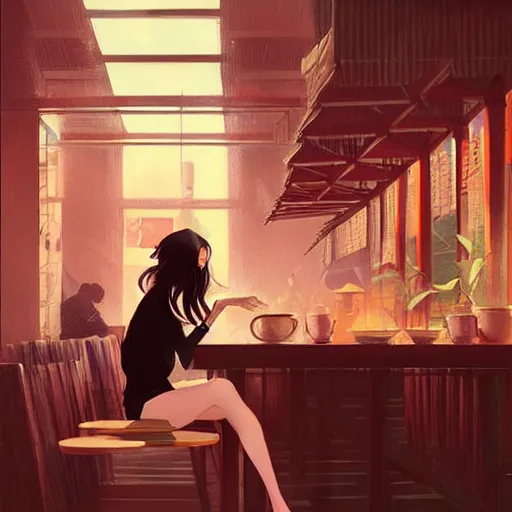 Image similar to woman sitting in a cafe in China, digital art by guweiz, trending on artstation, featured on Pixiv