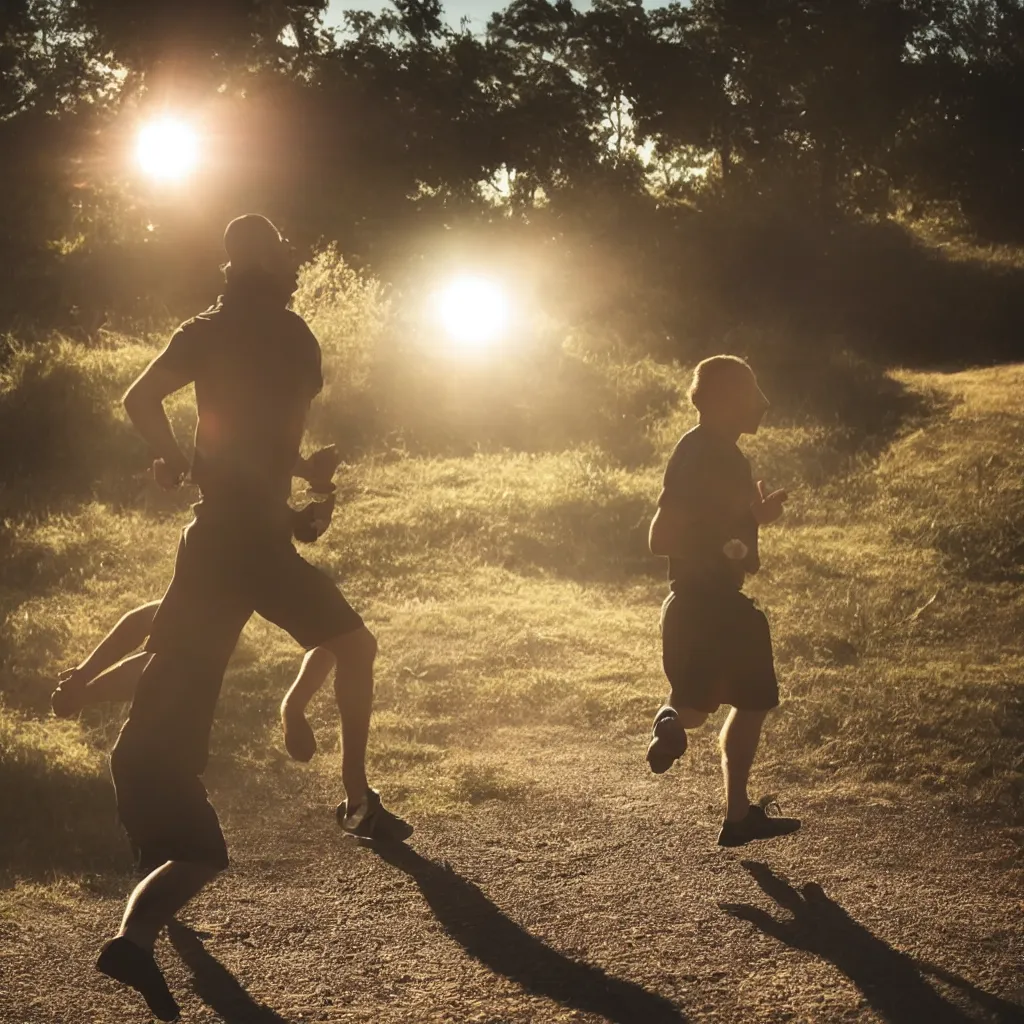 Image similar to a man running into the sunshine, close up cinematic shot