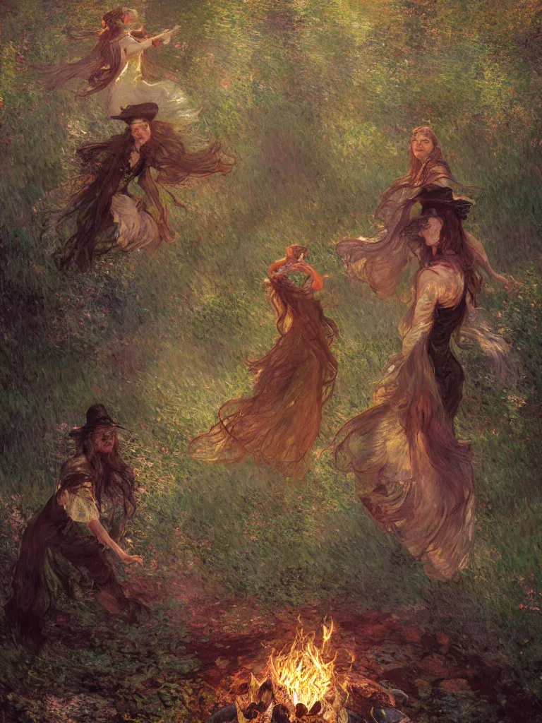 Image similar to illustration studio portrait of witches dancing and floating around a big firepit in artistic poses at the forest in a witch's dark coven, monet painterly motives and textures pattern, hyper detailed, octane render, vivid colors, artstation, by jeremy mann, by alphonse mucha, by monet