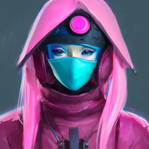 Prompt: stylized ninja - cyberpunk girl, wearing techwear and armor, in the colors hot pink and cyan, beautiful realistic face, highly detailed, digital painting, artstation, concept art, smooth, sharp focus, illustration, art by artgerm, by greg rutkowski, by jeremy mann, by francoise nielly, oil painting