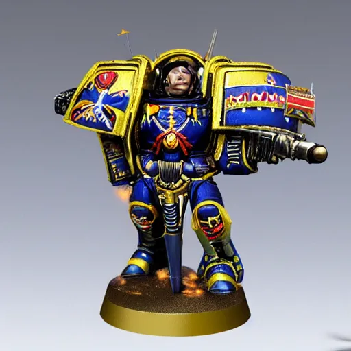 Image similar to emmanuel Macron in space marine armor from Warhammer 40k, game workshop style, on an alien battle chan, multiple details, shimmering light