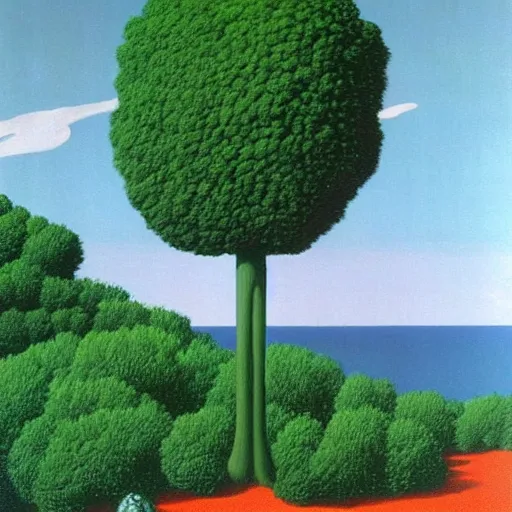 Prompt: painting of a lush natural scene on an alien planet by rene magritte. beautiful landscape. weird vegetation. cliffs and water.