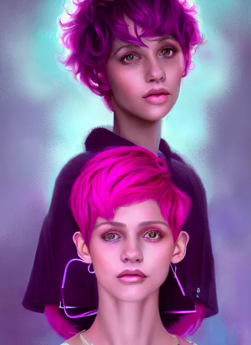 Image similar to portrait of teenage vanessa morgan with bright pink hair, curly pixie cut hair, wearing a purple breton cap, breton cap, hoop earrings, intricate, elegant, glowing lights, highly detailed, digital painting, artstation, concept art, smooth, sharp focus, illustration, art by wlop, mars ravelo and greg rutkowski