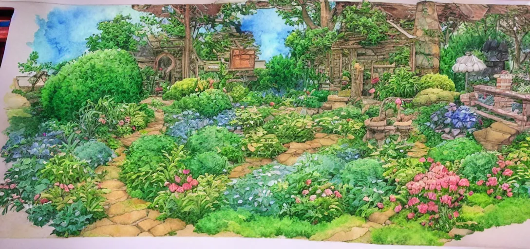 Image similar to ghibli isometric watercolor garden