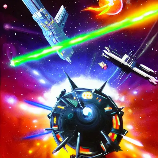 Image similar to science - fiction space battleship in combat, laser beams, explosions, space, planets, mate painting