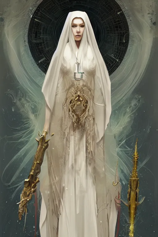 Image similar to pale priestess of the sacral moon full body portrait highly detailed, digital painting, artstation, concept art, smooth and sharp focus, illustration, art by tian zi and wlop and alphonse mucha
