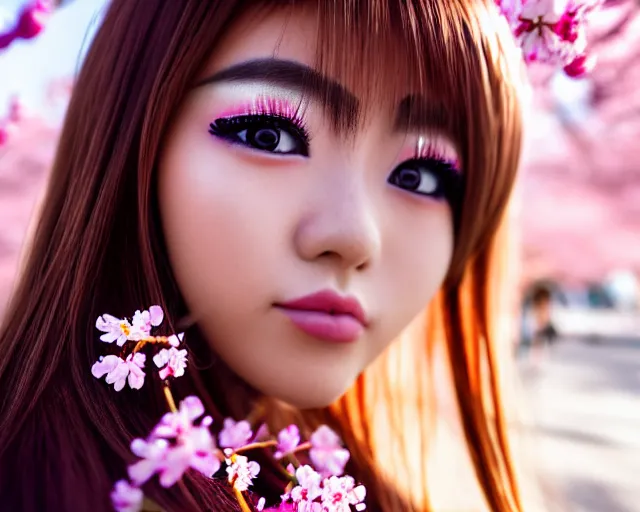 Prompt: close up portrait of an japanese gyaru with beautiful face and modern clothes, sakura blooming in the background, bokeh, depth of field, dramatic lighting, cinematic, vivid colors, matte painting, vivid color scheme, trending on pixiv