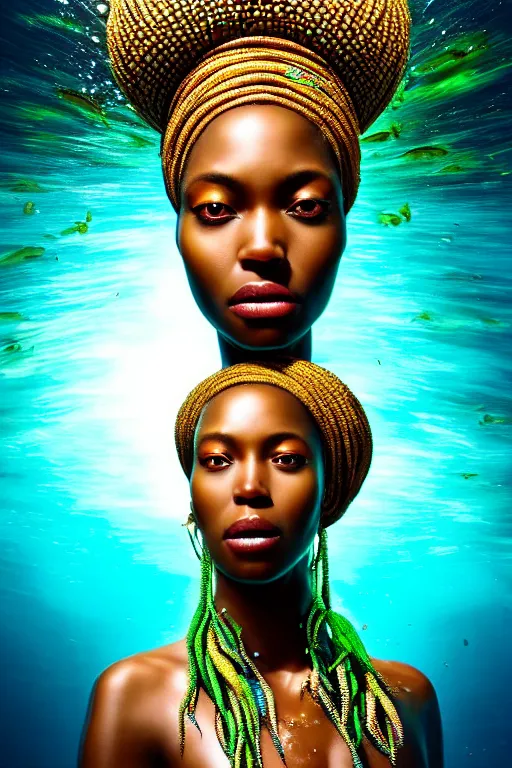 Image similar to hyperrealistic wide shot of very expressive! translucent!! african goddess, cinematic underwater scene with fish and algae, gold jewerly, highly detailed face, digital art masterpiece, eric zener cam de leon, dramatic pearlescent turquoise light on one side, low angle uhd 8 k, shallow depth of field