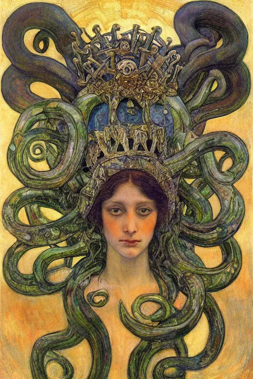 Prompt: the tentacle crown,by Annie Swynnerton and Diego Rivera and Elihu Vedder, symbolist, dramatic lighting, elaborate geometric ornament, Art Brut, bioluminescent, soft blues and greens,smooth, sharp focus, extremely detailed, Adolf Wölfli