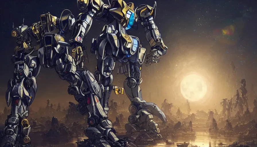 Image similar to large walking mechs and mechsuits covered in reflective gold and silver armor, 'bubblegum crisis' and Japanese mech aesthetic, beautiful moon lit night, many glowing lights, beautiful forests and trees, intricate detail, epic wallpaper, art by WLOP and Jason Chan and darek zabrocki and John Park, trending on artstation, masterpiece.