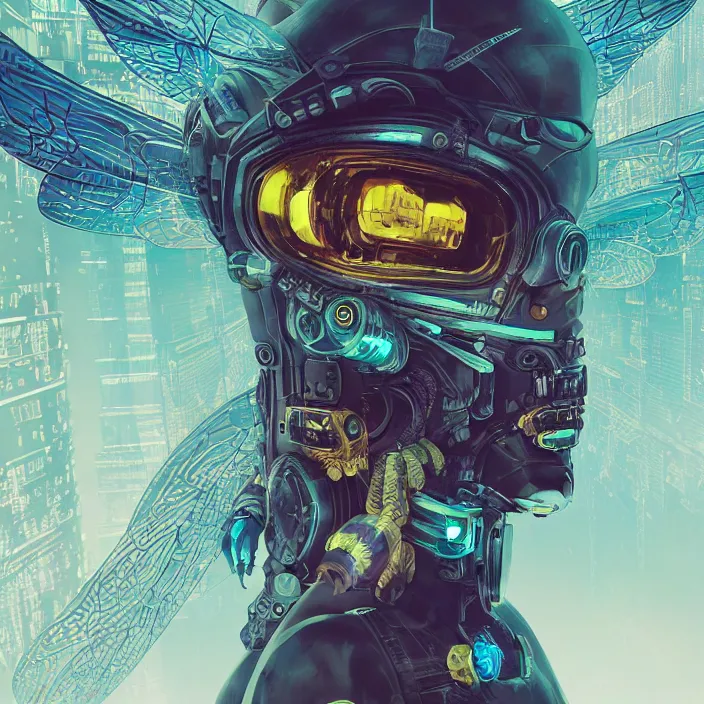 Prompt: a cyberpunk bee . intricate abstract. intricate artwork. by Tooth Wu, wlop, beeple, dan mumford. octane render, trending on artstation, greg rutkowski, coherent, symmetrical artwork. cinematic, hyper realism, high detail, octane render, 8k, depth of field, bokeh. iridescent accents