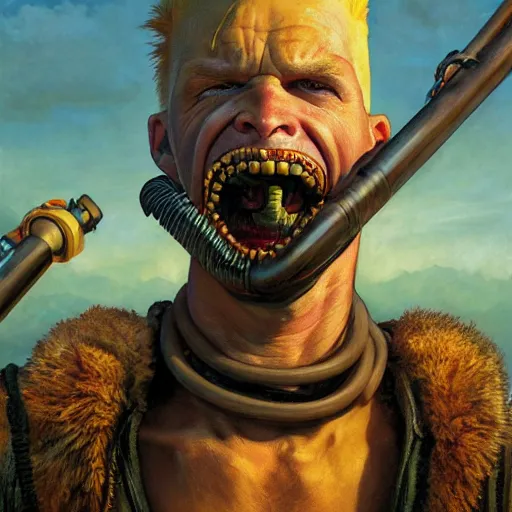 Image similar to Epic Masterpiece wide angle shot of Bart Simpson in Mad Max Fury Road, drawn by Donato Giancola and Tom Bagshaw, Edmund Leighton, Alphonse Mucha, 4k, volumetric lighting, komorebi, trending on artstation, octane render, hyperrealistic