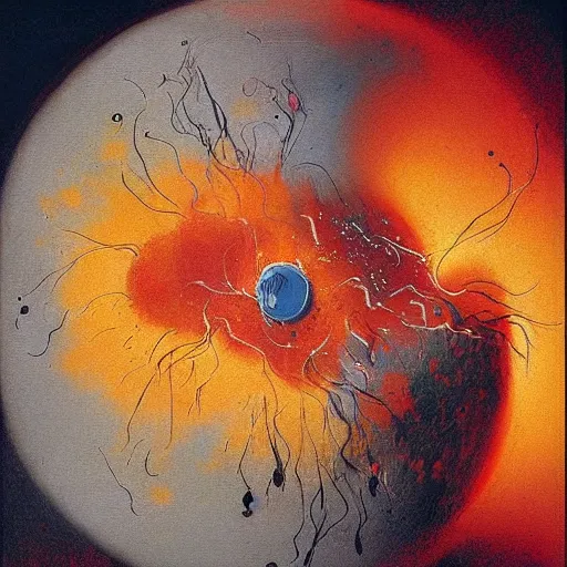 Image similar to a sphere being devoured by abstract splatters of paint in the style of francis bacon, venus being engulfed in flames in the style of james jean, surreal, beksinski, high detailed