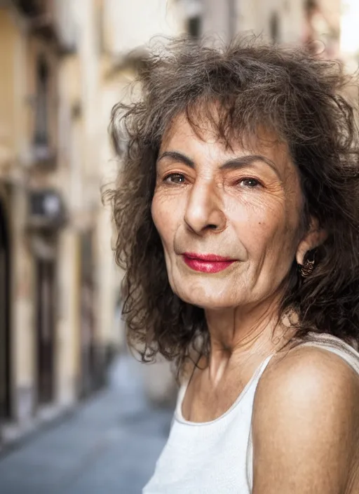 Prompt: portrait of beautiful Spanish 50-year-old well-groomed woman model, with lovely look, happy, candid street portrait in the style of Martin Schoeller award winning, Sony a7R