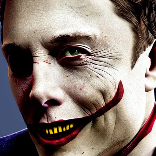 Image similar to elon musk as joker, still from batman the dark knight rises, highly detailed face, natural lighting