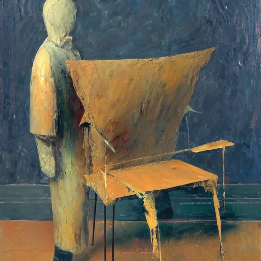 Image similar to an impasto painting by shaun tan of an abstract sculpture by the caretaker and john chamberlain ( 1 9 0 0 )
