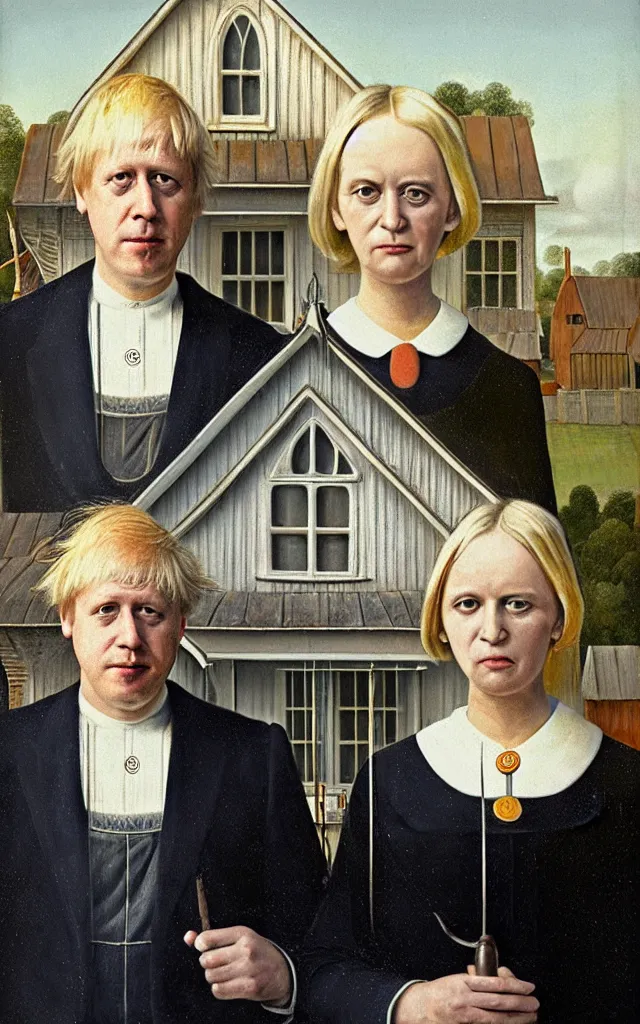 Image similar to boris johnson and liz truss standing together painting in the style of american gothic frant wood, hyper real ,