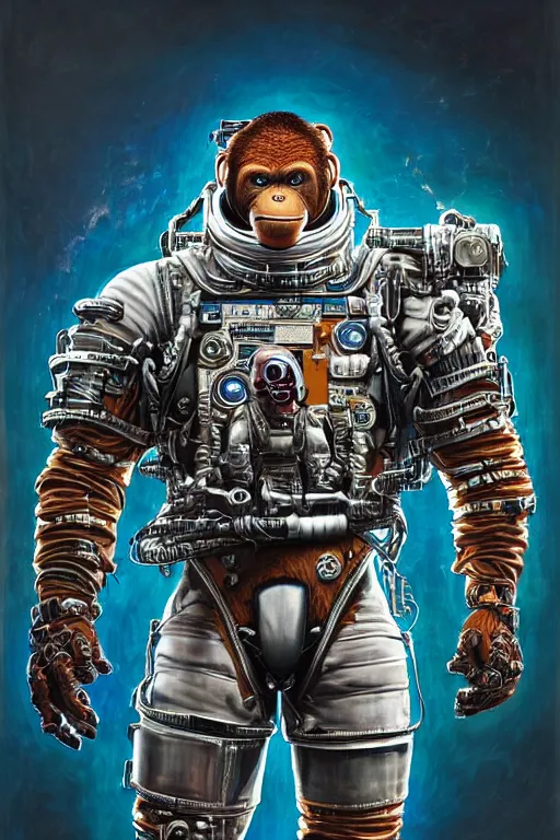 Image similar to a portrait of a muscular anthropomorphic cyberpunk orangutang in spacesuit armor with ensignia on chest plate by sandra chevrier, by jon foster, detailed render, pistol in holster, extremely hyperdetailed, tape deck, epic composition, cybernetics, 4 k realistic, cryengine, realistic shaded lighting, sharp focus, masterpiece, by enki bilal