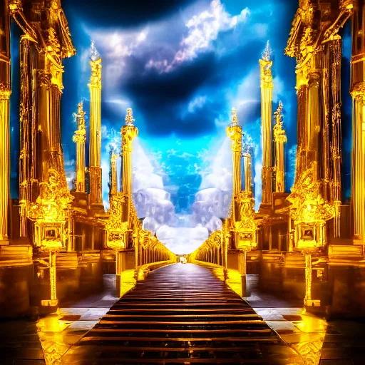 Image similar to l a long path to the gates of heaven with glowing clouds, illuminated background with streets made of gold & architecture made of crystal, photrealism, 4 k.