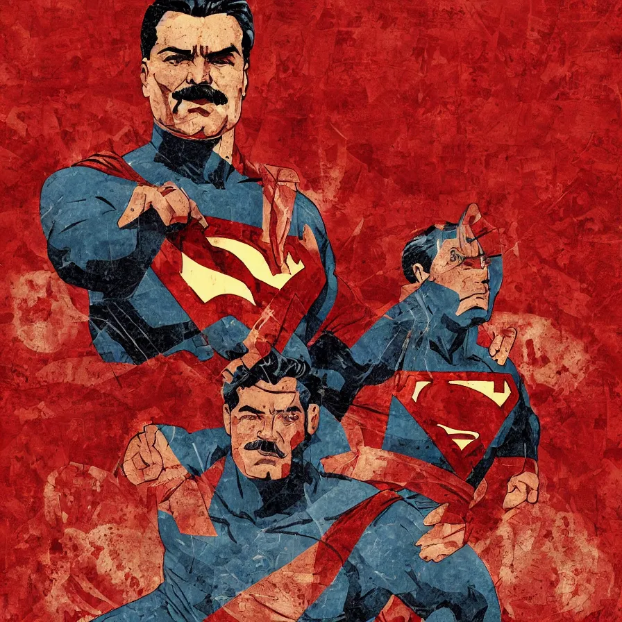 Prompt: stalin as superman, red son, hammer and sickle logo, red square ( moscow ), socialist realism, sovietwave, hyperrealistic, hyperdetailed, intricate digital art, trending artstation, photoshop, rich moody colors, rich moody colors, fan art, concept art, epic comic book style, by robert kirkman