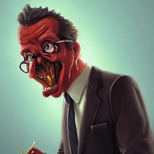 Prompt: bill barr fried chicken hybrid, bill barr anthropomorphic transformation, realistic face, greg rutkowski, artgerm, digital art,