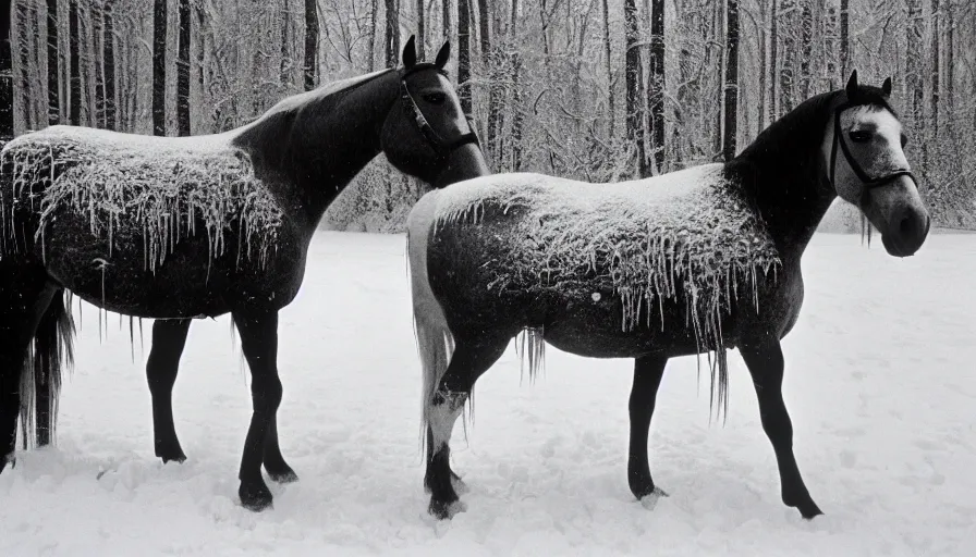 Image similar to 1 9 6 0 s movie still close up of marcus aurelius + horse both frozen to death under the snow by the side of a river with gravel, pine forests, cinestill 8 0 0 t 3 5 mm b & w, high quality, heavy grain, high detail, texture, dramatic light, anamorphic, hyperrealistic, detailed hair, foggy