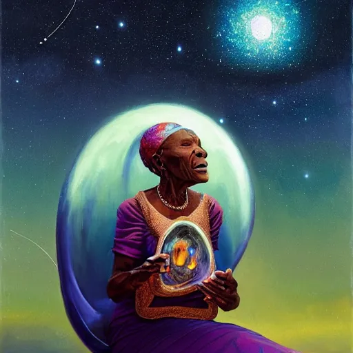 Image similar to an elder african psychic woman reading her crystal ball under a meteor shower, greg rutkowski and android jones and amanda sage, oil on canvas, 8k