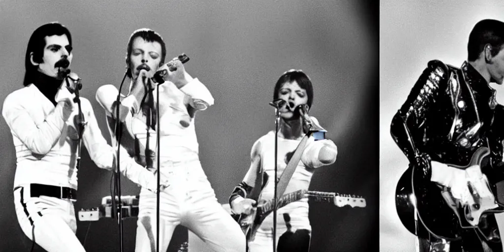 Image similar to freddie mercury and david bowie perform together on stage at a music festival